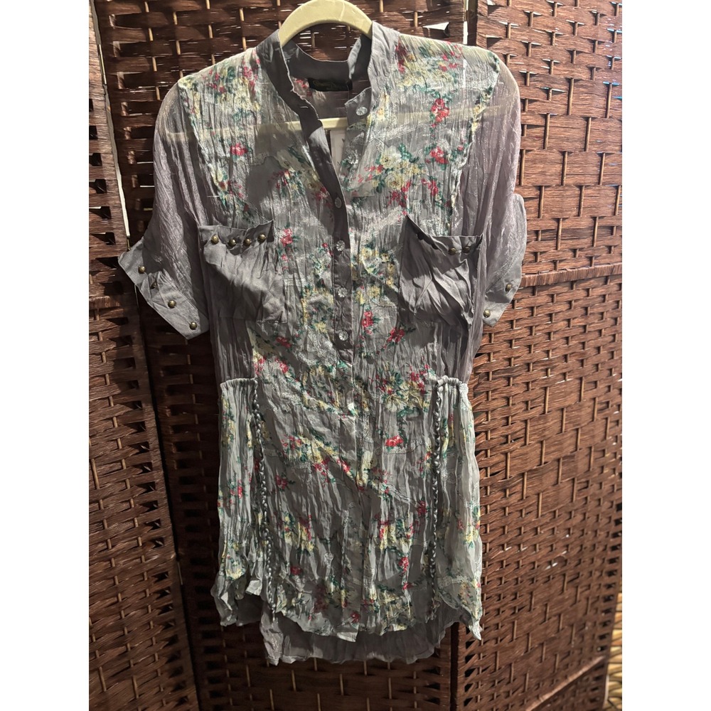 Floral Sheer Tunic Top Blouse Womens Button Down Gray sheer floral‎ tunic